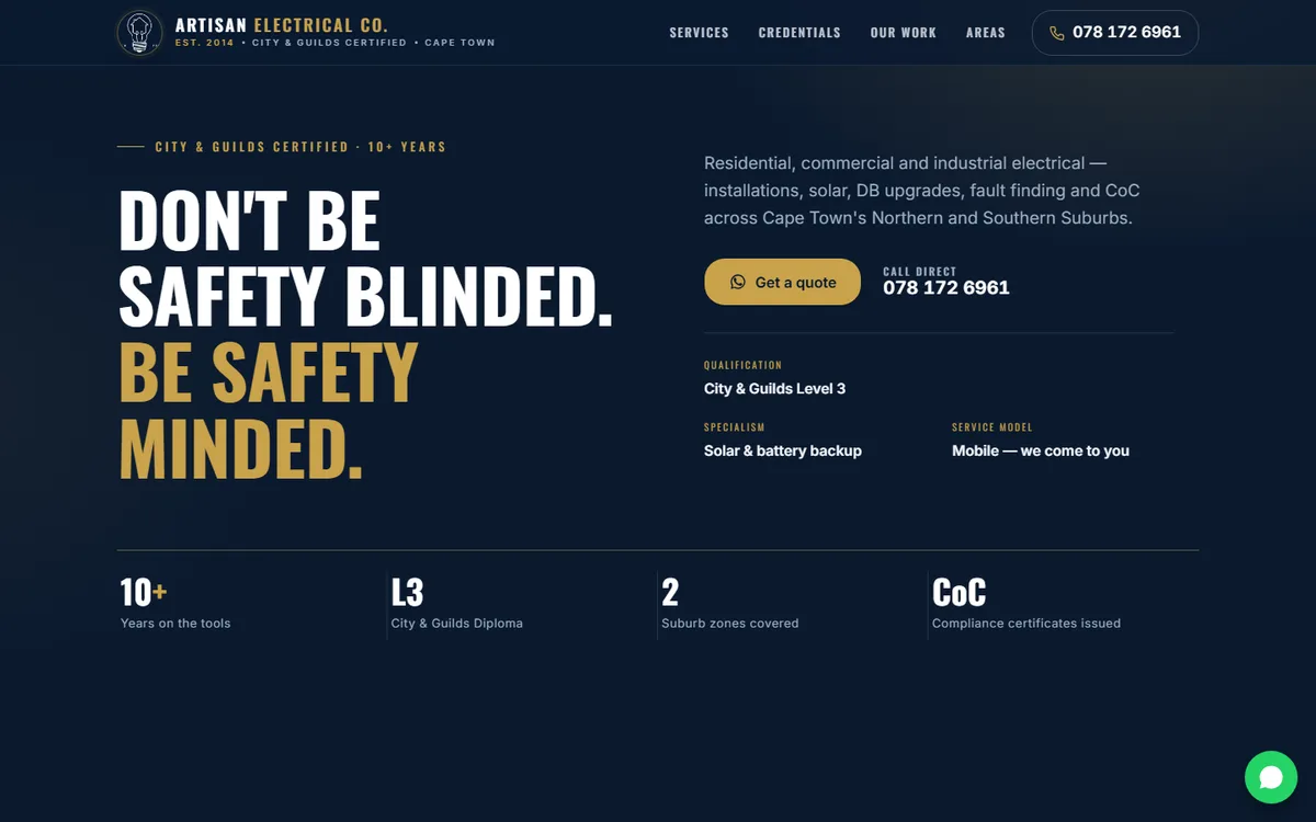 Artisan Electrical Co website — hero section
