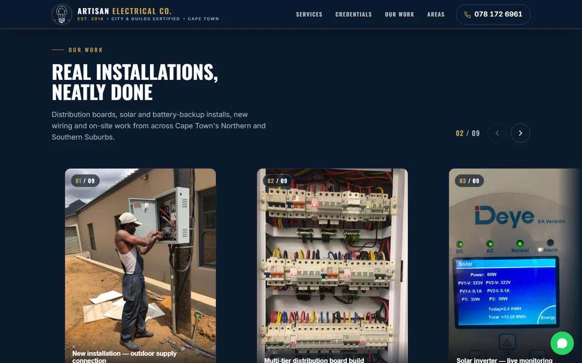 Artisan Electrical Co website — work slider
