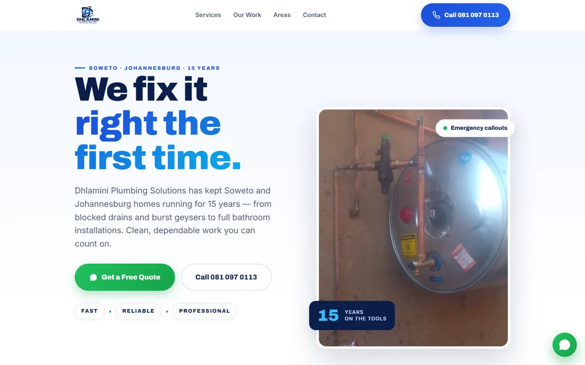 Dhlamini Plumbing Solutions website — hero section
