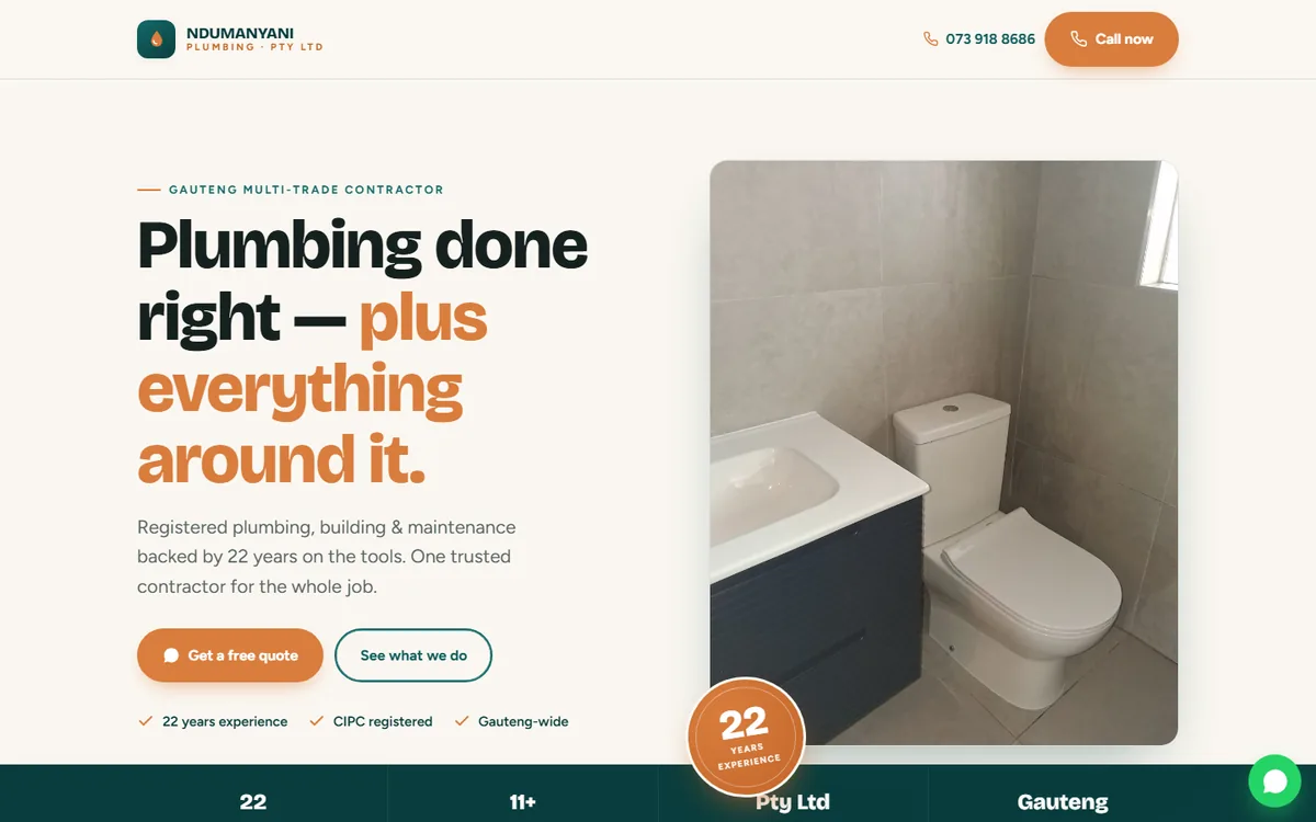 NDUMANYANI Plumbing website — hero section