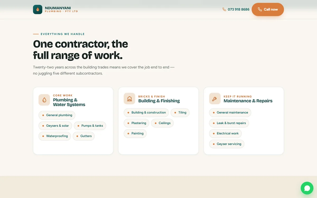 NDUMANYANI Plumbing website — services section