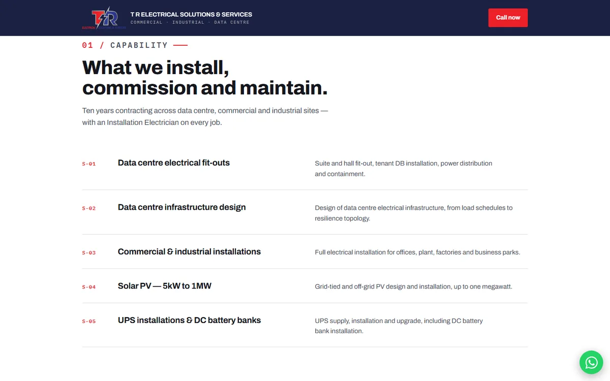 TR Electrical Solutions website — capability list